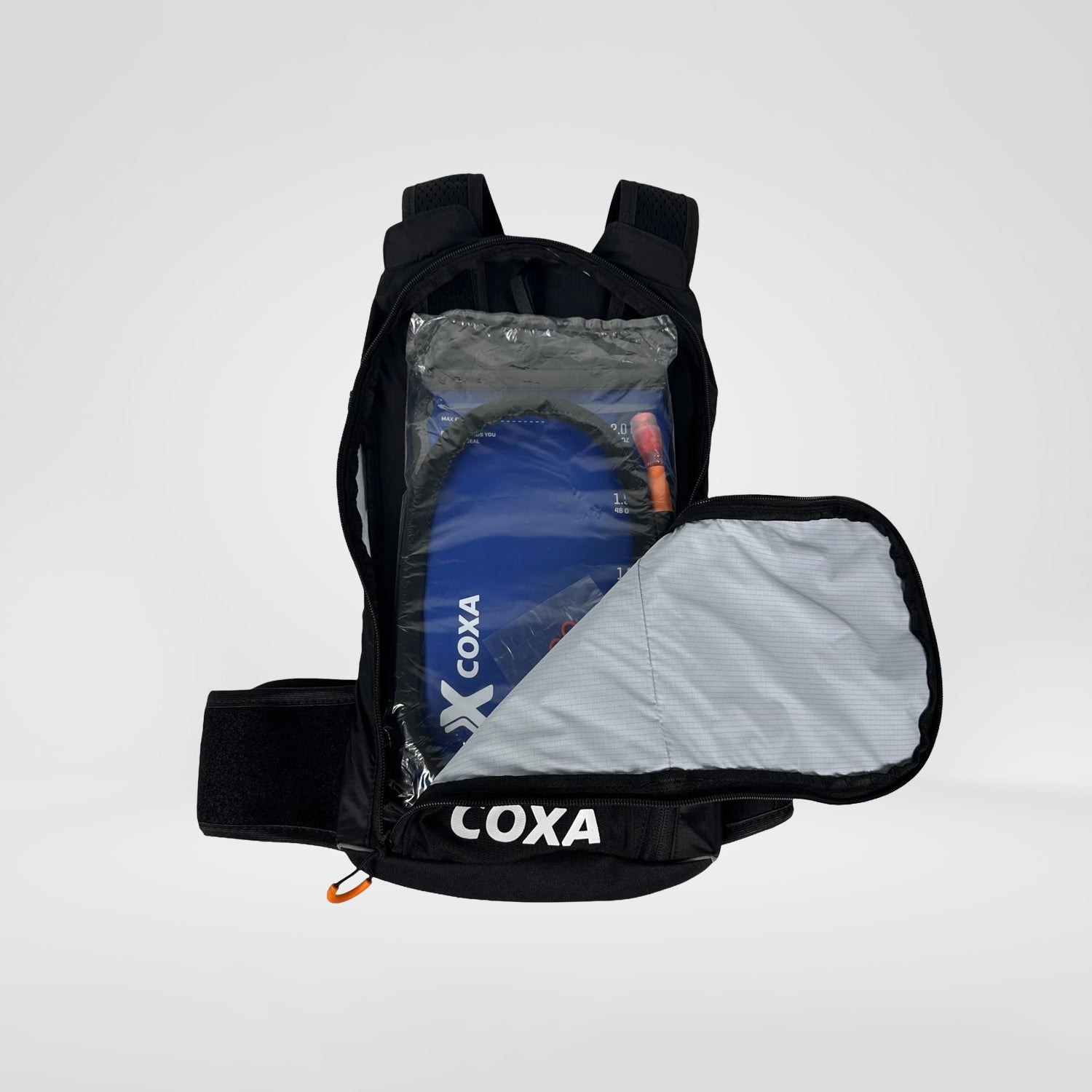 CoXa R8 Back Pack 8 liter - View open with Soft flask Reservoir and tube